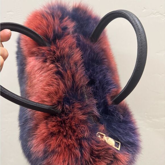2 Tone Gradient Real Fox Fur Handmade Boston Bag/Crossbody & 2 Fur Balls Charm - Picture 14 of 17